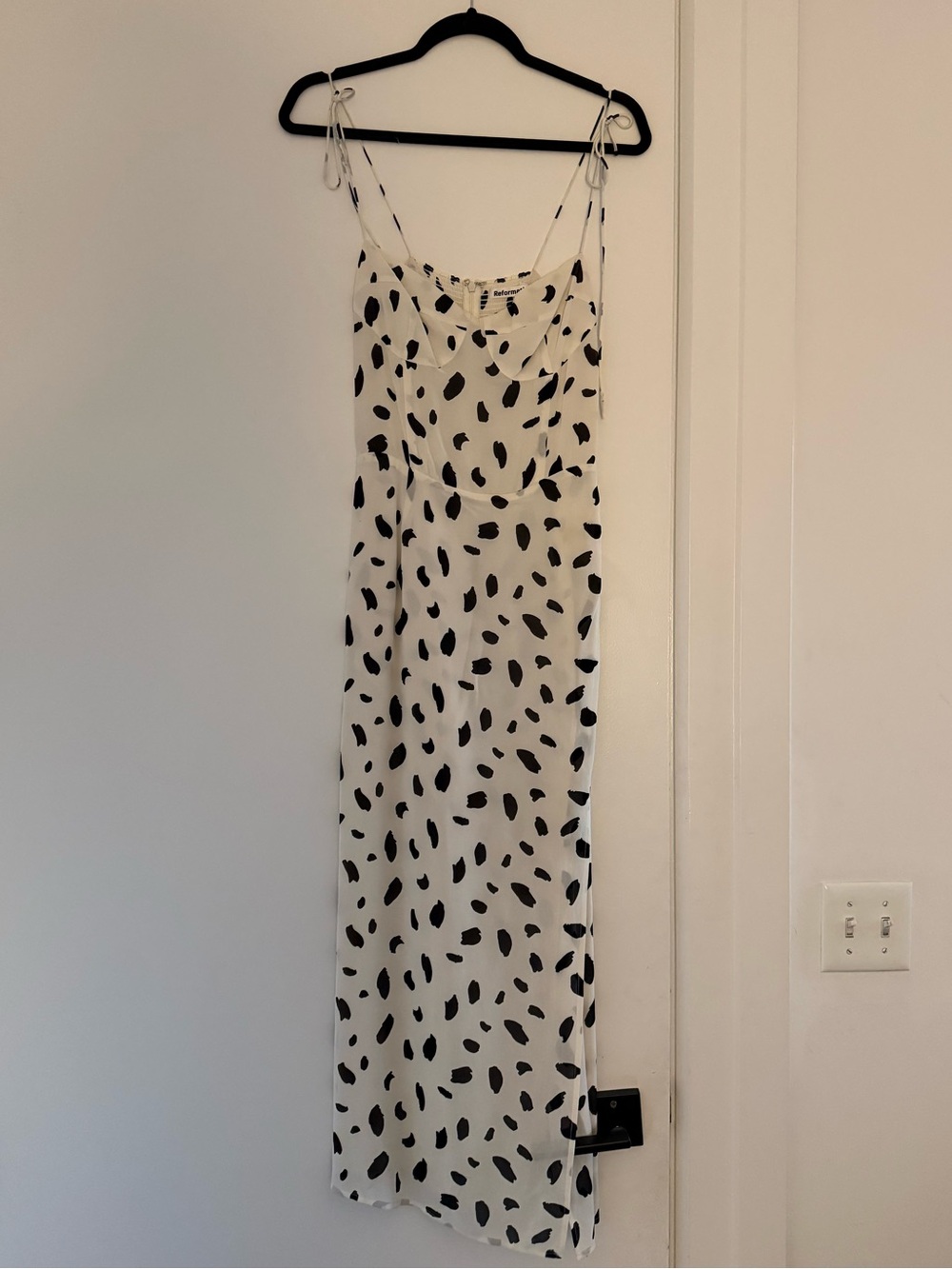 Reformation White Slip Midi Dress with Black Spot Print